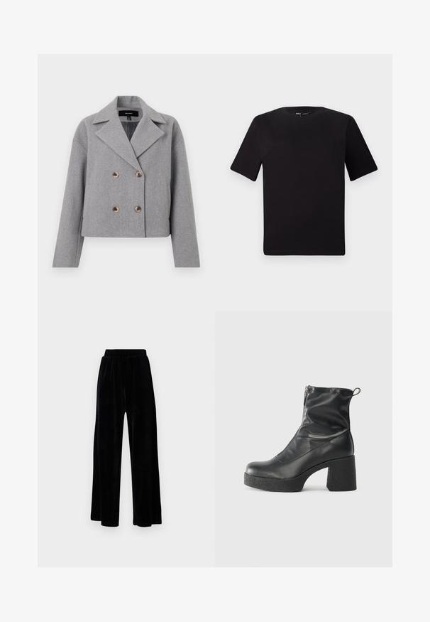 Grå, kort jakke med dobbeltradet design, klaffekrage og treknapper. Laget av teksturert stoff med lange ermer.; Svart t-skjorte med korte ermer og rund hals, laget av mykt bomullsstoff. Enkelt design, ingen synlige logoer eller mønstre.; Sorte vide bukser laget av myk vernet, med elastisk midjebånd og en jevn tekstur, uten synlige detaljer eller mønstre.; Svarte ankelstøvler laget av glatt lær, med glidelås på siden, chunky strukturert hæl, og rund tå-design.