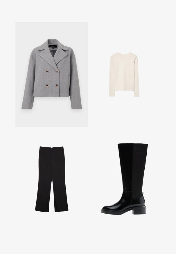 Šedá zkrácená bunda s dvouřadým zapínáním, klopovým límcem a dřevěnými knoflíky. Vyrobena z texturované tkaniny s dlouhými rukávy.; Světle béžové tričko s dlouhým rukávem z měkké tkaniny, s kulatým výstřihem a uvolněným střihem s rovnými lemy a minimálními švy.; Černé kalhoty s rovným střihem, s předními kapsami a bočními rozparky na lemu. Vyrobené z jemné, hladké tkaniny. Vhodné na různé příležitosti.; Černá kozačka ke kolenu z hladké kůže, s výrazným prošíváním, robustním podpatkem a texturovaným zadním panelem pro větší zajímavost.