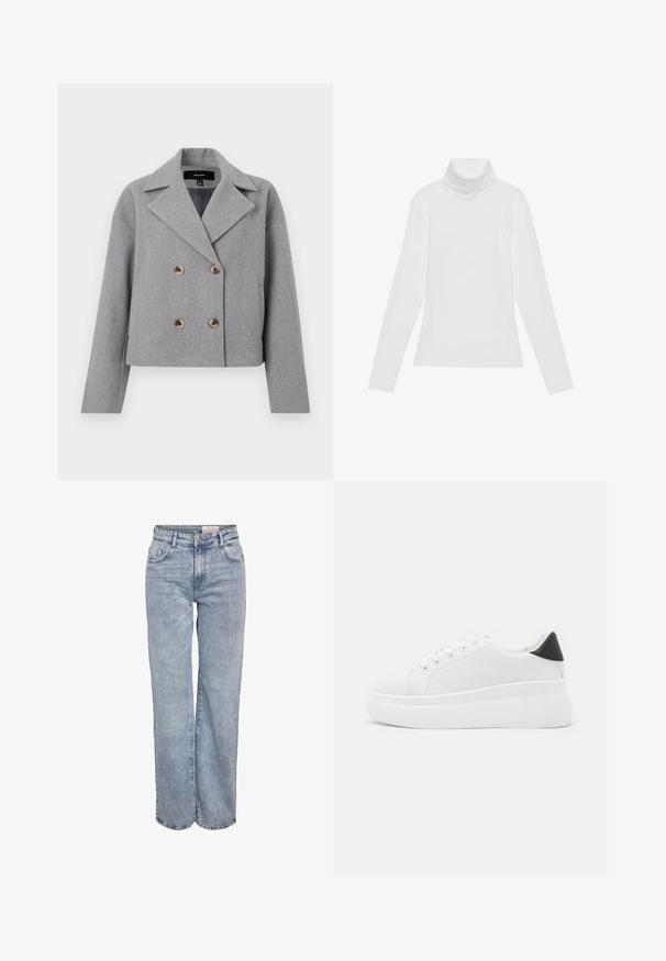 Siva skrajšana jakna z dvorednim zapenjanjem, z izrezanim ovratnikom in lesenimi gumbi. Narejena iz teksturirane tkanine z dolgimi rokavi.; Bela dolga majica s turtleneck ovratnikom, izdelana iz gladke, raztegljive tkanine. Ima visok ovratnik in prilega telesu, brez vidnih vzorcev ali okrasitev.; Svjetloplave široke traperice od denima, sa visokim strukom, dizajnom s pet džepova i suptilnim blijeđenjem za izgled nakon nošenja.; Bele platform tenisice izdelane iz gladkega sintetičnega materiala, z zaobljenim prstom, sistemom vezalk in teksturiranim gumijastim podplatom. Črn dodatek na peti.