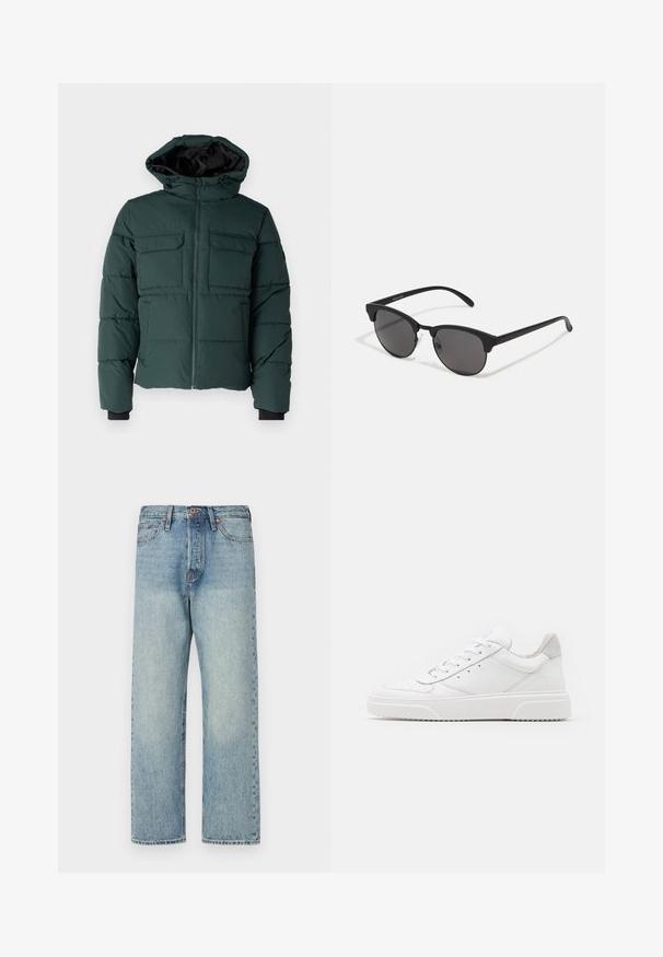 Žalias pūkinis švarkas su gobtuvu, priekiniais užtrauktukais ir dviem krūtininėmis kišenėmis. Yra elastinės rankogaliai ir tekstūruotas paviršius. Su pamušalu viduje.; Balta medvilninė marškinėliai su trumpomis rankovėmis, apvaliu iškirpimu ir raudonu grafiniu tekstu "SKANI PAŽADINTI VAIŠIUS" priekyje.; Šviesiai mėlynos džinsinės kelnės su tiesiu kirpimu, penkiomis kišenėmis ir variniais akcentais. Minimalus blukimas su švariu apdailos įvaizdžiu.; Balti odiniai sportbačiai su lygiu paviršiumi, apvaliu pirštu, plokščiomis raištelėmis ir struktūrizuota padu. Pilko zimšo akcentas ant kulno.; Juodos saulės akinių su apvaliais lęšiais, matinio paviršiaus ir išskirtinės katės akies formos. Šlauni rankenos su subtilia ženklinimo detale kairėje šventykloje.