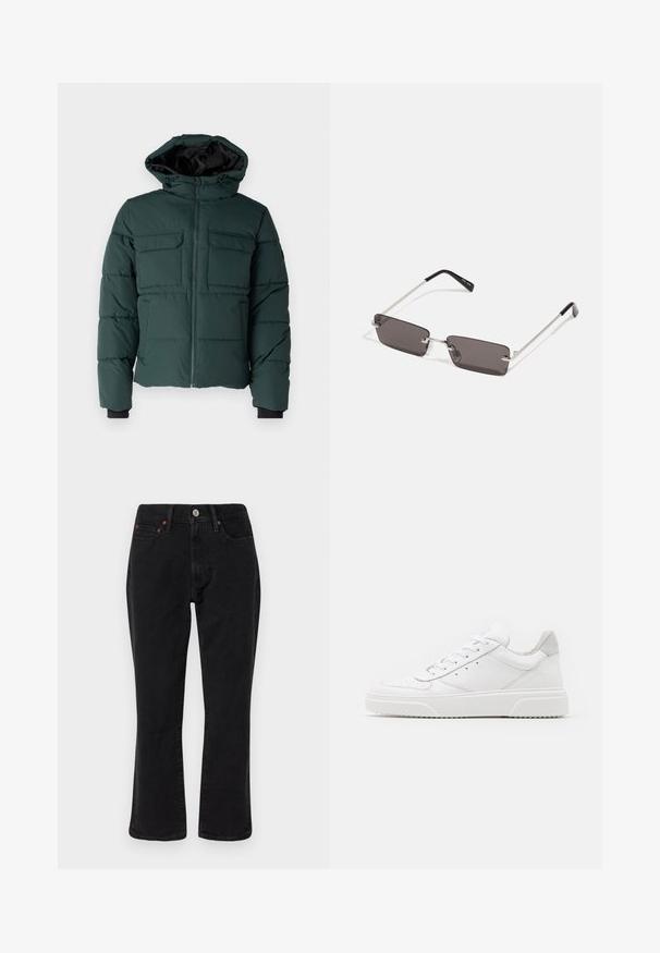 Jachetă puf verde cu glugă, fermoar frontal și două buzunare pe piept. Dispune de manșete elastice și un finisaj texturat. Interior căptușit.; Tricou alb din bumbac, cu mâneci scurte, guler rotund și un text grafic roșu "FRUCTE DELICIOASE ȘI RACORITOARE" pe față.; Jeans din denim negru cu un design drept al piciorului, stil cu cinci buzunare și accesorii metalice cu accente de cupru. Textură netedă și talie medie.; Adidași din piele albă cu un finisaj neted, vârf rotunjit, șireturi plate și o talpă texturată. Accente din piele întoarsă gri la călcâi.; Ochelari de soare cu lentile dreptunghiulare, gri închis, rame din metal argintiu și vârfuri din plastic negru pe brațe. Design ușor, cu pad-uri pentru nas.