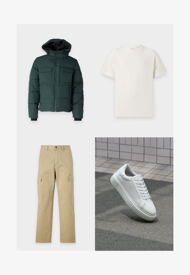 Doudoune verte avec capuche, fermeture à glissière sur le devant et deux poches poitrine. Caractéristiques : poignets élastiques et finition texturée. Doublure intérieure.; T-shirt blanc à manches courtes en texture côtelée. Encolure ronde, coupe décontractée, sans motifs ni accents visibles. Design simple et polyvalent.; Pantalons cargo beiges en coton, dotés de deux poches latérales, d'une fermeture à bouton et de jambes droites avec un tissu légèrement texturé.; Baskets en cuir blanc avec une surface lisse, bout rond et lacets plats blancs. Présentent une semelle en caoutchouc texturée et des éléments de design minimalistes.