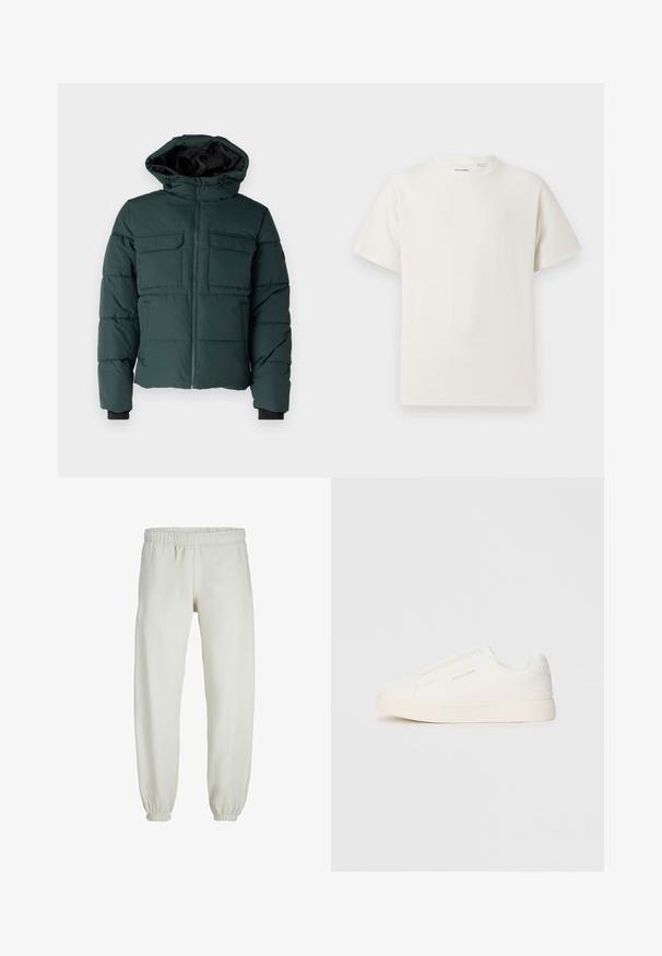 Doudoune verte avec capuche, fermeture à glissière sur le devant et deux poches poitrine. Caractéristiques : poignets élastiques et finition texturée. Doublure intérieure.; T-shirt blanc à manches courtes en texture côtelée. Encolure ronde, coupe décontractée, sans motifs ni accents visibles. Design simple et polyvalent.; Pantalons de survêtement blancs en tissu doux, avec une taille et des poignets élastiques, présentant une texture lisse et un design ample.; Baskets blanches sans lacets avec une surface texturée, une semelle épaisse et un design minimaliste. Présente le logo de la marque sur le côté.