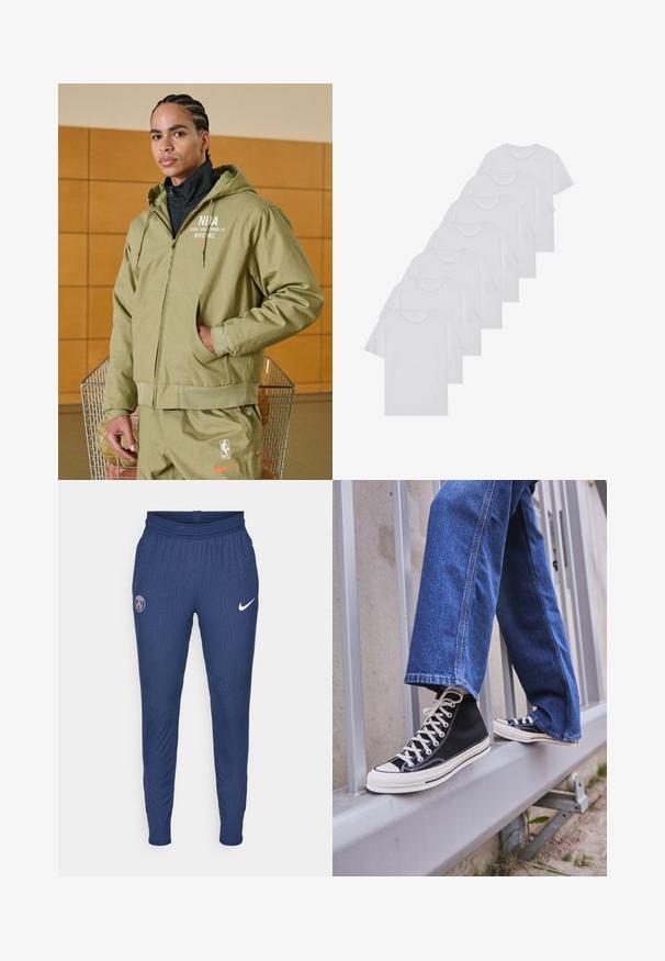 Nike Performance NBA JACKET - Spordijakk - neutral olive/hyper crimson; Valge puuvillane T-särk, lühikeste varrukatega, ümar neel, ühtlane tekstuur, reastatud kuhjale, kaeluses peene brändinguga.; Tumed sportlikud püksid, mis on valmistatud tekstuuriga kangast, esitavad vasakul reiel Pariisi logo ja paremal Nike swooshi valges värvuses.; Mustad mustade kõrgete tossudega, millel on valge tallaga ja valged paelad, koos vaba sinise denimidega, mis puhkavad hallil piiridel.