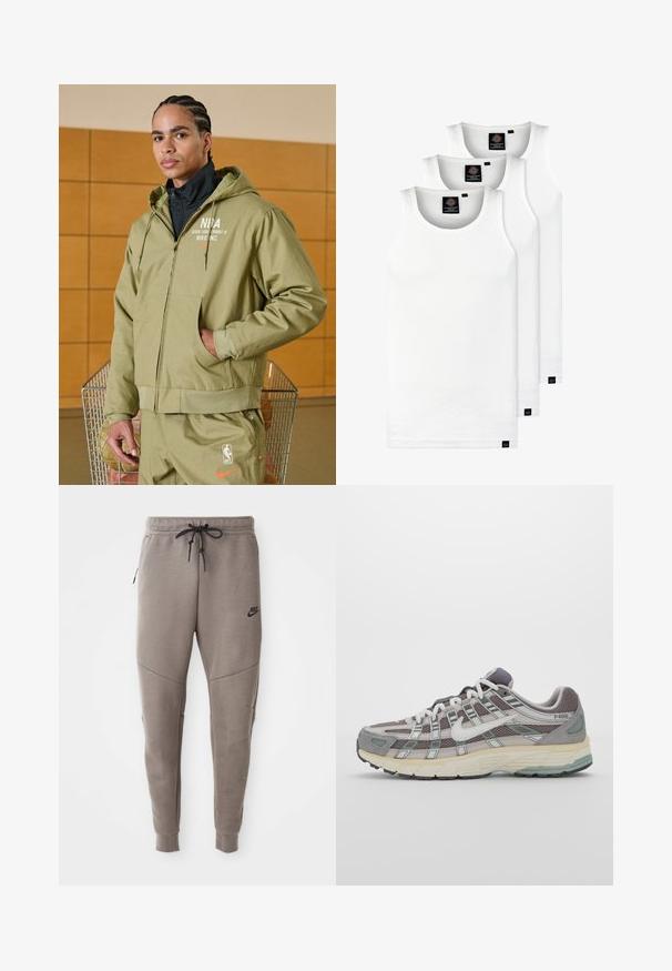 Nike Performance NBA JACKET - Træningsjakke - neutral olive/hyper crimson; Tre hvide ribbede tanktops lavet af bomuld. Har en rund hals og små sorte mærker nær sømmen. Fås i flere størrelser.; Grå Nike joggingbukser med snoretræk i taljen, tapered ben, sidelommer og markante sømdetaljer. Blødt, struktureret stof.; Grå sportssko med overdel i mesh og ruskind, hvide accenter, en polstret sål og et særpræget design med reflekterende elementer.
