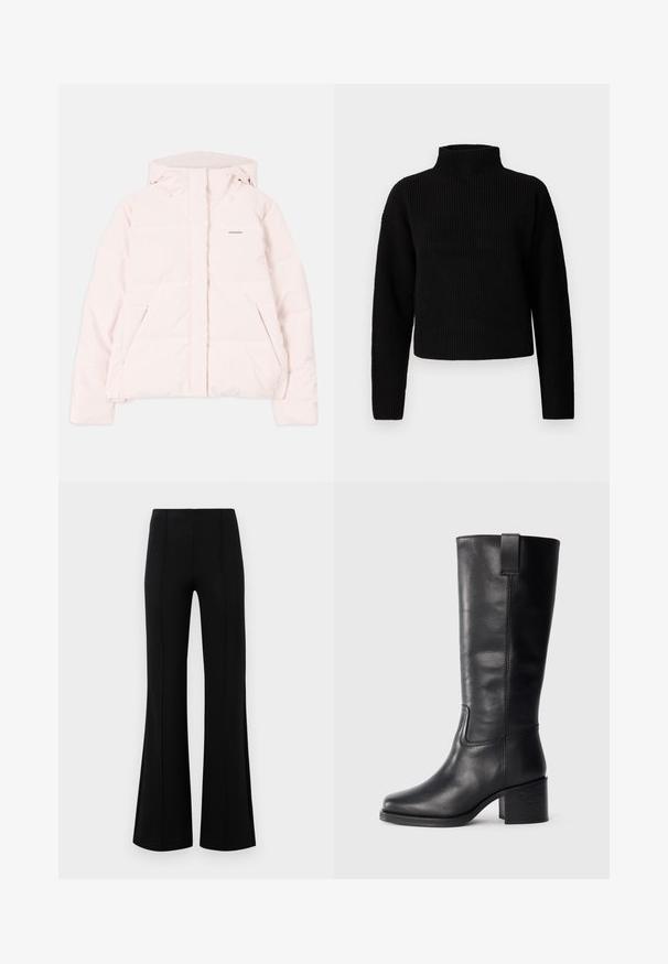 Lyserød pufferjakke med hætte, der har en lynlåslukning foran, to sidelommer og et diskret logo på brystet. Glat tekstur.; Sort ribbet højhalset sweater med lange ærmer og en cropped design. Texturen ser tyk og strikket ud, uden synlige mønstre eller udsmykninger.; Sorte højtaljede flared bukser lavet af strækbart stof. Har vertikale sømdetaljer foran og en glat tekstur.; Sorte læderknæhøje støvler med en glat tekstur, firkantet tå, blokhæl og sideløkke, der har minimale syninger.