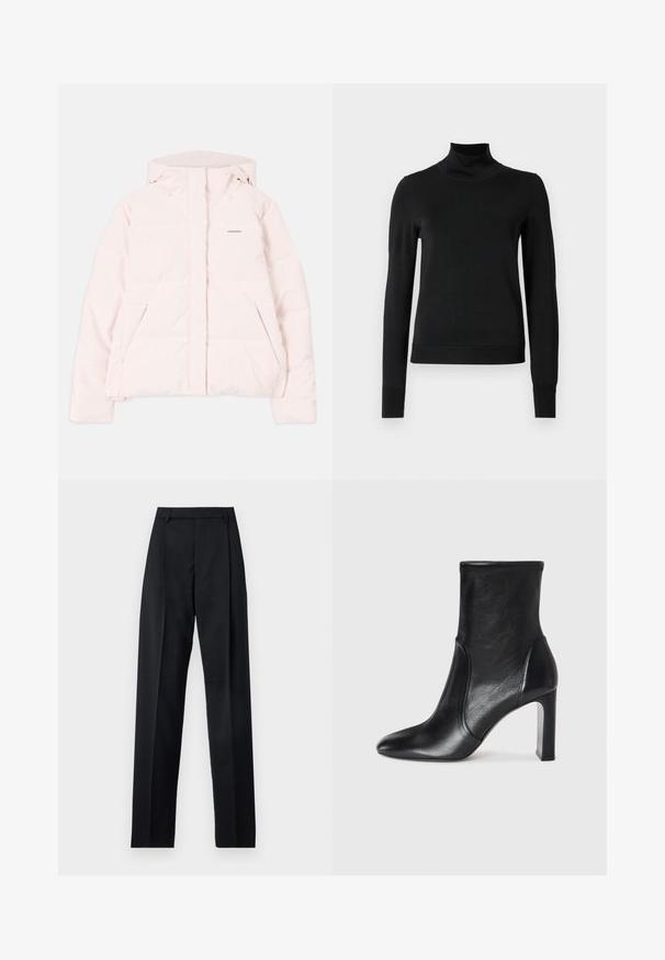 Lyserød pufferjakke med hætte, der har en lynlåslukning foran, to sidelommer og et diskret logo på brystet. Glat tekstur.; Sort langærmet turtleneck sweater med ribbede manchetter og kant, vist på en simpel hvid baggrund.; Sorte bukser lavet af glat stof, der har høj talje, brede ben, frontfolder og klassiske bælteløkker. Ingen synlige sidelommer.; Sorte læder ankelstøvler med et slankt design, spids tå og høj blokhæl. Har en glat overflade og minimalistic syning.