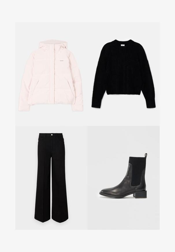 Light pink puffer jacket with a hood, featuring a zippered front, two side pockets, and a subtle logo on the chest. Smooth texture.; Black cropped sweater made of fluffy material. Features a round neckline and long sleeves with a soft texture. Minimal design, no patterns.; Black wide-leg jeans made of sturdy fabric, featuring a high waist, front pockets, and a front button closure. Flat hem at the bottom.; Black leather ankle boot with ribbed black elastic panel, square toe, and low block heel. Smooth texture with minimal stitching details.
