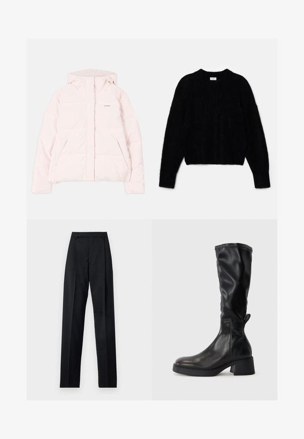 Lichtroze pufferjack met een capuchon, voorzien van een ritssluiting aan de voorkant, twee zijzakken en een subtiel logo op de borst. Glad textuur.; Zwarte cropped trui van pluizig materiaal. Heeft een ronde halslijn en lange mouwen met een zachte textuur. Minimalistisch ontwerp, zonder patronen.; Zwarte broek gemaakt van gladde stof met een hoge taille, wijde benen, voorplooien en klassieke ceintuurlussen. Geen zijzakken zichtbaar.; Zwarte laarzen tot de knie van glad leer, met een blokhak, ronde neus en gestikte details langs de naden.