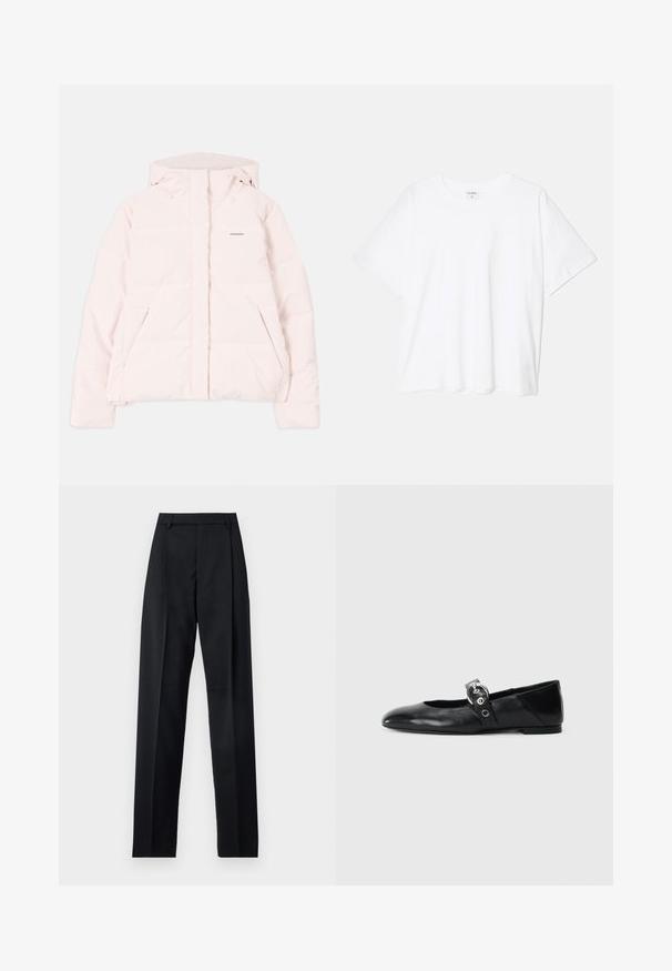 Doudoune rose clair avec capuche, dotée d'une fermeture éclair à l'avant, de deux poches latérales et d'un logo discret sur la poitrine. Texture lisse.; T-shirt en coton blanc avec des manches courtes, un col rond, une coupe décontractée et un ourlet cousu. Étiquette visible à l'intérieur du col.; Pantalon noir en tissu lisse avec taille haute, jambes larges, plis à l'avant et passants de ceinture classiques. Pas de poches latérales visibles.; Ballerines en cuir noir avec un bout pointu, dotées d'une sangle avec une boucle métallique circulaire et d'une semelle plate.