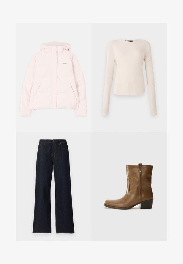 Lyserød pufferjakke med hætte, der har en lynlåslukning foran, to sidelommer og et diskret logo på brystet. Glat tekstur.; Langærmet, lys beige top med rund halsudskæring. Lavet af blødt stof, har en central søm og let buet kant. Der er ingen synlige metaldele.; Mørkeblå vidde jeans lavet af denim, med orange syninger, to frontlommer og en knaplukning i taljen.; Brun læder ankelstøvle med firkantet tå, tekstureret overflade og en lav stablet hæl. Har en bageste hælflap og subtile syningsdetaljer.