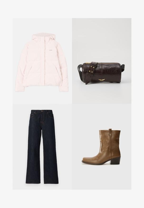 Jasnoróżowa kurtka puchowa z kapturem, z zapięciem na zamek z przodu, dwiema bocznymi kieszeniami i dyskretnym logo na piersi. Gładka tekstura.; Długi rękaw, jasnobeżowa bluzka z okrągłym dekoltem. Wykonana z miękkiego materiału, posiada centralny szew oraz lekko zaokrąglony dół. Brak widocznych elementów metalowych.; Ciemnoniebieskie dżinsy o szerokich nogawkach, wykonane z denimu, z pomarańczowymi przeszyciami, dwiema przednimi kieszeniami i zapięciem na guzik w pasie.; Brązowy skórzany botek za kostkę z kwadratowym noskiem, teksturowanym wykończeniem i niskim, zakrytym obcasem. Posiada tylną pętelkę do zakładania oraz subtelne detale przeszycia.; Brązowa torba ze skóry z tłoczeniem krokodyla w kształcie cylindrycznym, z metalowymi elementami w kolorze złotym oraz odczepianym paskiem z ćwiekami.