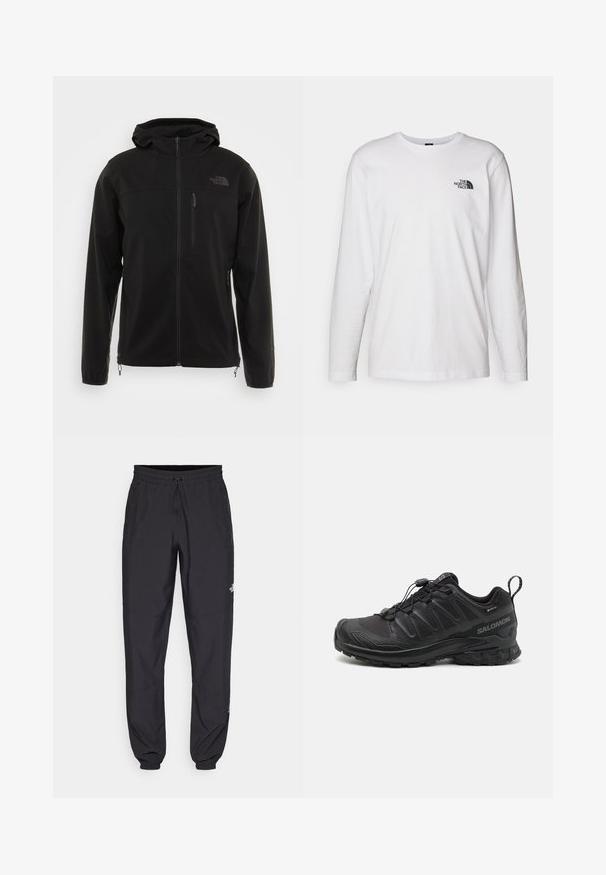 Black softshell jacket with a hood, featuring a front zipper, side pockets, and a chest pocket. Smooth texture and minimal branding detail.; White long-sleeve T-shirt made of cotton with a crew neck. Features a small black logo on the chest. Smooth texture, regular fit.; Black athletic pants made from lightweight fabric, featuring a drawstring waistband, side pockets, and tapered cuffs at the ankles.; Black athletic shoe with a textured synthetic upper, cushioned sole, and a quick-lacing system. Features a reinforced toe and heel.