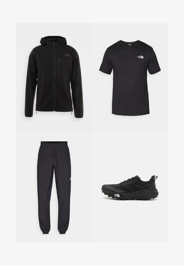 Black softshell jacket with a hood, featuring a front zipper, side pockets, and a chest pocket. Smooth texture and minimal branding detail.; Black short-sleeve t-shirt made of cotton, featuring a round neckline and a small white logo on the upper left chest area.; Black athletic pants made from lightweight fabric, featuring a drawstring waistband, side pockets, and tapered cuffs at the ankles.; Black trail running shoe with a textured upper, rubber sole, and reinforced toe cap. Features a padded collar and pull tab for easy wear.