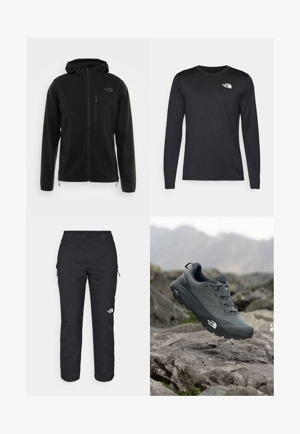 Giacca softshell nera con cappuccio, dotata di zip frontale, tasche laterali e tasca sul petto. Texture liscia e minimo dettaglio di branding.; T-shirt da performance a maniche lunghe nera realizzata in tessuto leggero, con un logo bianco sulla parte superiore sinistra del petto. Texture liscia.; The North Face WINTER EXPLORATION TAPERED CARGO - Pantaloni outdoor - black; Scarpa da trail running grigia con tomaia testurizzata, suola in gomma resistente e punta rinforzata. Presenta lacci e logo del marchio sul lato.