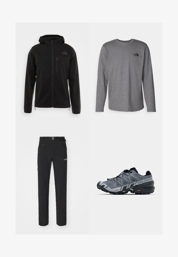 Schwarze Softshelljacke mit Kapuze, ausgestattet mit einem Reißverschluss vorne, seitlichen Taschen und einer Brusttasche. Glatte Textur und minimalistische Markenkennzeichnung.; The North Face M L/S SIMPLE DOME TEE - Langarmshirt - medium grey heather; Schwarze Outdoor-Hosen aus glattem Stoff, mit seitlichen Reißverschlusstaschen, verstärkten Kniepartien und einem verstellbaren Bund mit Schnalle.; Grauer Trailrunning-Schuh mit strukturiertem Obermaterial, schwarzen Akzenten, niedriger Silhouette und multidirektionalen Stollen auf der Sohle für besseren Halt.