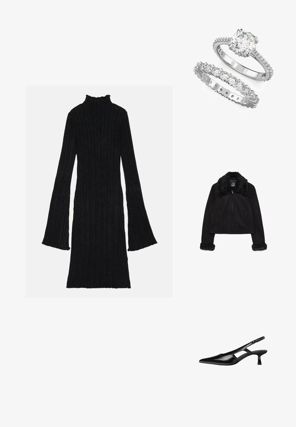 Sort cropped jakke med en blød, tekstureret krave og manchetter. Har lange ærmer, en frontlynlås og to forlommer.; Sort ribbet kjole med høj hals og flagrende ærmer. Stof har et struktureret, vertikalt mønster. Nederkanten er let bølget.; Sorte patentlæder slingback hæle med spids tå, udskåret sideskærm og en lille firkantet hæl. Glat tekstur med minimale detaljer.; Hvidguld forlovelsesring sæt med en rund centersten og et matchende bånd med flere mindre sten.