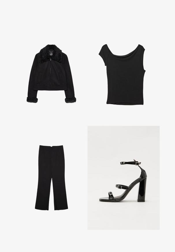 Sort cropped jakke med en blød, tekstureret krave og manchetter. Har lange ærmer, en frontlynlås og to forlommer.; Sort kortærmet top lavet af glat stof; har en draperet halsudskæring og en asymmetrisk kant, med en tætsiddende pasform.; Sorte bukser med lige pasform, der har frontlommer og slidser i kanten. Lavet af blødt, glat stof. Velegnet til forskellige anledninger.; Sorte patenterede hælsandaler med firkantet tå, ankelremme og sølvspænder. Har en chunky blokHæl for stabilitet.
