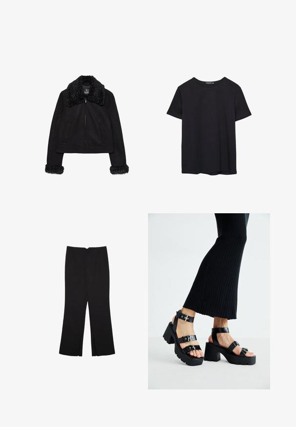 Sort cropped jakke med en blød, tekstureret krave og manchetter. Har lange ærmer, en frontlynlås og to forlommer.; Simpel sort kortærmet bomulds T-shirt med rund hals, præsenteret på en hvid baggrund.; Sorte bukser med lige pasform, der har frontlommer og slidser i kanten. Lavet af blødt, glat stof. Velegnet til forskellige anledninger.; Sorte platfromsandaler med kraftige, skridsikre såler og flere stropper, der har metalspænder og en glat læderlignende tekstur.