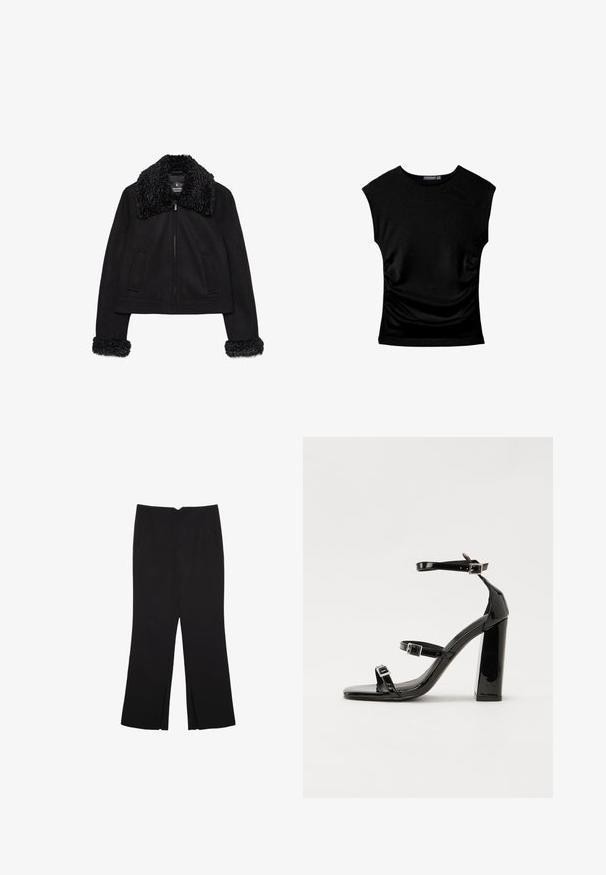 Musta lyhyt takki, jossa on pehmeä, teksturoitu kaulus ja hihansuut. Ominaisuuksina pitkät hihat, etuvetoketju ja kaksi etutaskua.; Musta lyhythihainen istuva paita pyöreällä kaula-aukolla ja kevyellä rypytyksellä molemmilla sivuilla, aseteltu tasaisesti valkoiselle pohjalle.; Mustat housut suoralinjaisella leikkauksella, joissa on etutaskut ja sivurei'ät helman alla. Valmistettu pehmeästä ja sileästä kankaasta. Sopii eri tilaisuuksiin.; Musta kiiltävä korkokenkä sandaalit neliönmuotoisella varpaalla, nilkkaremmillä ja hopeisilla soljilla. Varustettu tukevalla lohkokorkealla vakauden takaamiseksi.