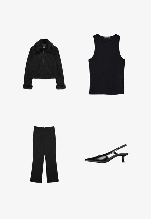 Crna skraćena jakna s mekanim, teksturiranim ovratnikom i manžetama. Ima dugačke rukave, prednji patentni zatvarač i dva prednja džepa.; Crni top bez rukava od pamuka, s okruglim izrezom i širokim izrezima za ruke. Glatka tekstura s ušivenim rubovima. Klasičan, minimalistički dizajn.; Crne hlače ravnog kroja, s prednjim džepovima i bočnim prorezima na rubu. Izrađene od mekog i glatkog materijala. Pogodne za razne prigode.; Crne lakirane natikače na remenčić sa špicastim nosom, dizajnom sa izrezima sa strane i malim kvadratnim potplatom. Glatka tekstura s minimalnim akcentima.