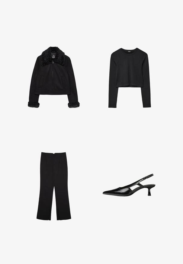 Sort cropped jakke med en blød, tekstureret krave og manchetter. Har lange ærmer, en frontlynlås og to forlommer.; Sort langærmet cropped top med rund halsudskæring, ensfarvet design og let buet kant.; Sorte bukser med lige pasform, der har frontlommer og slidser i kanten. Lavet af blødt, glat stof. Velegnet til forskellige anledninger.; Sorte patentlæder slingback hæle med spids tå, udskåret sideskærm og en lille firkantet hæl. Glat tekstur med minimale detaljer.