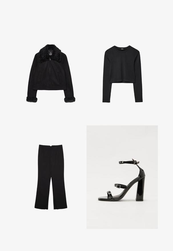 Čierna skrátená bunda s mäkkým, textúrovaným golierom a manžetami. Obsahuje dlhé rukávy, predný zips a dve predné vrecká.; Čierny dlhý rukáv skrátený top s okrúhlym výstrihom, jednofarebný dizajn a mierne zakrivený lem.; Čierne nohavice so strihom rovného strihu, s prednými vreckami a bočnými rozparkami na leme. Vyrobené z mäkkej, hladkej tkaniny. Vhodné na rôzne príležitosti.; Čierne lakované sandále na vysokom opätku s dvoma prackami, štvorcovou špičkou a hrubým blokovým opätkom, s hladkou, lesklou textúrou.