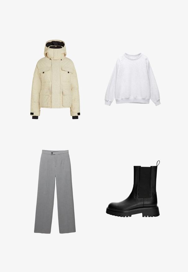 Cremfarbene Pufferjacke mit einem subtilen strukturierten Muster, Kapuze, vier Fronttaschen und schwarzen Akzenten an den Bündchen. Isoliertes Design für Wärme.; Hellgrauer Rundhalsausschnitt-Pullover mit langen Ärmeln sowie gerippten Bündchen und Saum, flach auf einem weißen Hintergrund präsentiert.; Graue maßgeschneiderte Hosen mit weitem Bein, flacher Front und subtiler Textur. Mit einem einzigen Knopfverschluss und klaren Linien.; Schwarze Leder-Stiefelette mit glatter Oberfläche, elastischen Seitenpaneelen und einer robusten Sohle mit tiefem Profil. Schlaufe auf der Rückseite für ein einfaches An- und Ausziehen.