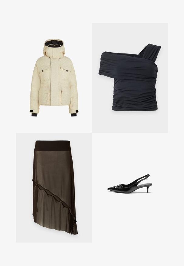 Cremfarbene Pufferjacke mit einem subtilen strukturierten Muster, Kapuze, vier Fronttaschen und schwarzen Akzenten an den Bündchen. Isoliertes Design für Wärme.; Schwarzes Off-Shoulder-Top aus weichem, elastischem Stoff, mit Rüschendetails und einem breiten Trägerdesign auf einer Seite.; Schwarzer Mesh-Rock mit einem taillierten Bund, asymmetrischem Saum, dekorativen Knöpfen an der Vorderseite und geschichteter transparenter Textur.; Schwarze Slingback-Pumps aus Leder mit spitz zulaufender Schuhspitze, niedrigem Kitten-Heel und gerafftem Detail am Vorderblatt. Glatte Textur und minimalistisches Design.