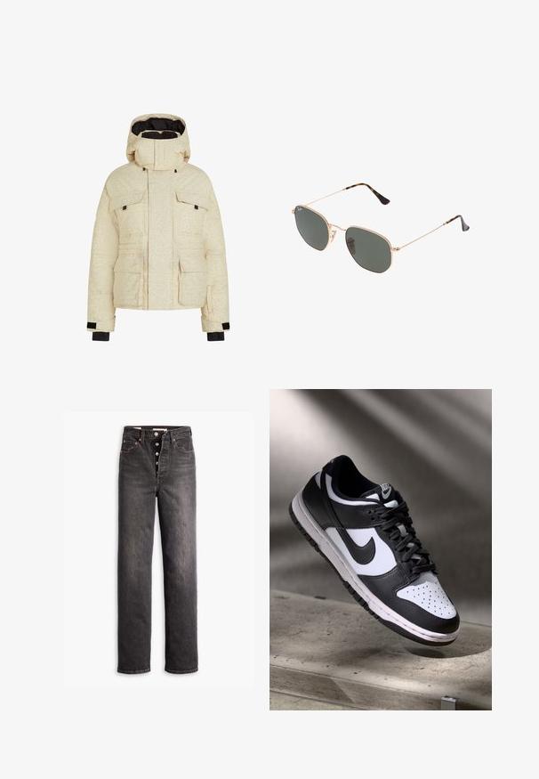 Creme farvet pufjakke med et subtilt struktureret mønster, hætte, fire frontlommer og sorte detaljer på ærmerne. Isoleret design for varme.; Sort langærmet indpakningstop lavet af blødt stof, med V-hals, cropped længde og en bundet knude i siden til lukning.; Sorte højtaljede jeans med lige ben-design, lavet af denim. Features en knaplukning, kobberdetaljer og kontrastsyninger.; Sorthvid Nike Dunk Low sneakers med læderoverdel, perforeret tåboks og sorte snørebånd, udstyret med en hvid sål og logo accenter.; Guldmetallisk brille med mørkegrønne linser, aviator-stil, med slanke arme og skildpadde-mønstrede detaljer på spidserne.; Sort tote bag med geometrisk mønster, lavet af tekstureret materiale. Har robuste håndtag og et mærke, samt en struktureret form.