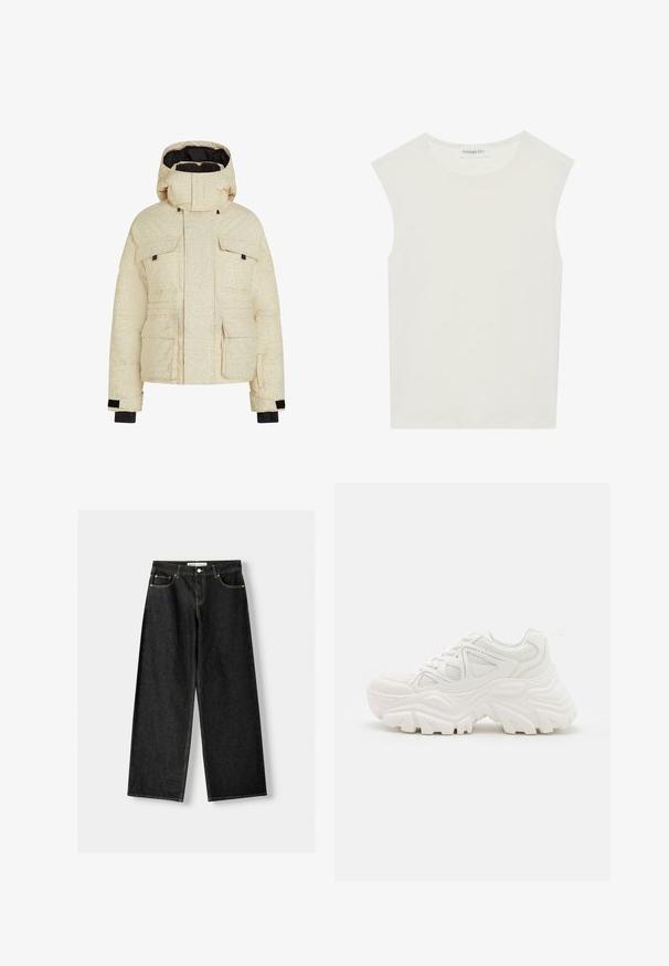 Creme farvet pufjakke med et subtilt struktureret mønster, hætte, fire frontlommer og sorte detaljer på ærmerne. Isoleret design for varme.; Hvid ærmeløs top med rund halsudskæring. Lavet af glat stof, har den en afslappet pasform og minimalistisk design. Ingen mønstre eller accenter.; Sorte denim bukser med bred ben, der har fem lommer, metalknap og lynlås lukning samt kontrasterende gul syning langs sømmene.; Hvide chunky sneakers med en tekstureret overdel, mesh-paneler og tykke gummisåler med et markant dækmønster. Snørebånd og en pull-tab medfølger.