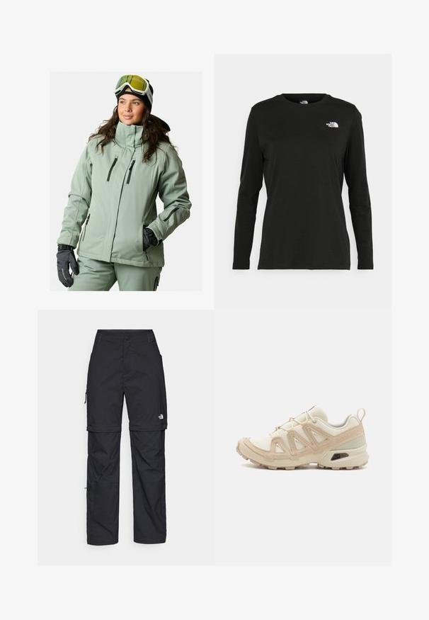 Ljusgrön softshell-jacka med hög krage, flera dragkedjefickor och dragkedjeförsedda ärmar. I kombination med svarta handskar och glasögon.; Svart långärmad t-shirt i bomull med rund hals. Har en liten vit logotyp på vänster bröstområde. Enkelt design och passform.; Svarta nylonbyxor med avtagbara ben, justerbara muddar, flera fickor och en logotyp på högra benet. Slät, lätt textur.; Beige och krämfärgad atletisk sko med texturerad meshovandel, stöttande överdrag och gummisulor med ett mönster för grepp.