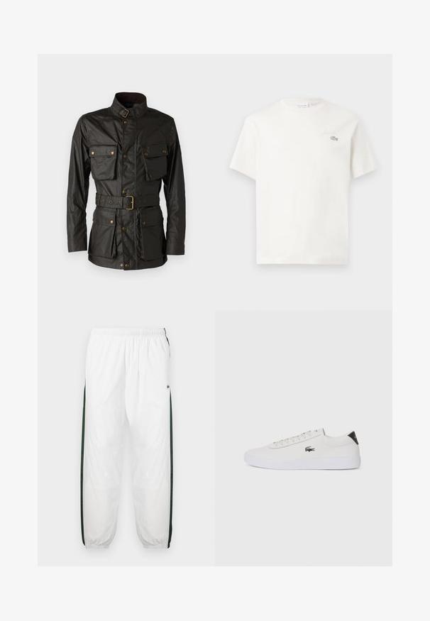 Dark green waxed cotton jacket with a high collar, four front pockets, a belted waist, and gold-tone hardware accents.; White cotton t-shirt with short sleeves, featuring a subtle embroidered logo and minimalistic design. Soft texture, crew neckline.; White track pants with dark green side panels. Lightweight material, elastic waistband, and cuffed hems. Features mesh texture on side panels.; White leather sneaker with round toe, lace-up front, and black heel accent. Features a small embroidered crocodile logo on the side.