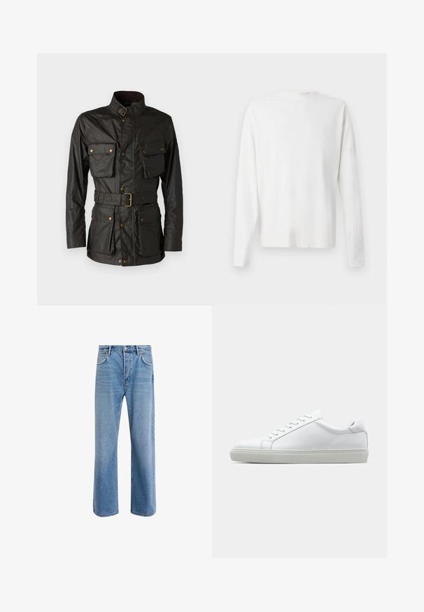 Jachetă din bumbac cerat verde închis, cu guler înalt, patru buzunare frontale, talie cu curea și accente din metal de culoare aurie.; Cămașă albă din bumbac cu mâneci lungi, decolteu rotund, fante pe laterale la baza, cu o textură netedă, expusă din spate.; Jeans din denim bleu deschis cu un design drept, cinci buzunare, închidere cu buton, decolorare minimă și detalii de cusătură în contrast.; Adidași albi cu o suprafață din piele netedă și un profil jos. Au un vârf rotunjit, șase orificii pentru șireturi și o talpă din cauciuc texturată.