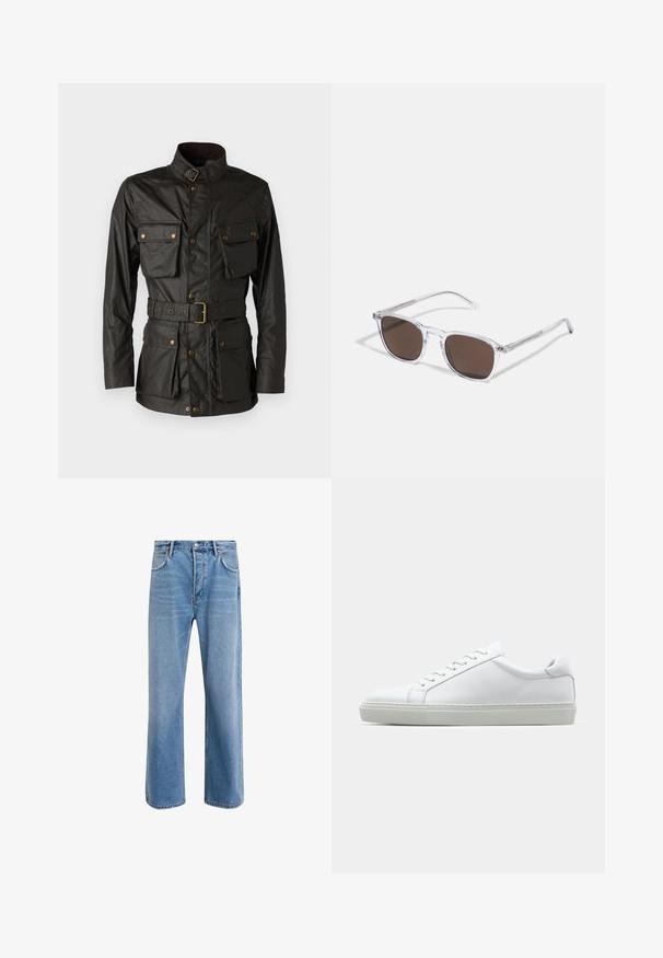 Dark green waxed cotton jacket with a high collar, four front pockets, a belted waist, and gold-tone hardware accents.; Long-sleeved white cotton shirt with a round neckline, side slits at the bottom, and a smooth texture, displayed from the back.; Light blue denim jeans with a straight-leg design, five pockets, button closure, minimal fading, and contrasting stitching details.; White sneaker with a smooth leather upper and a low profile. Features a rounded toe, six eyelets, and a textured rubber sole.; Clear plastic sunglasses with rectangular brown lenses, featuring thin, transparent arms and metal accents on the temples.