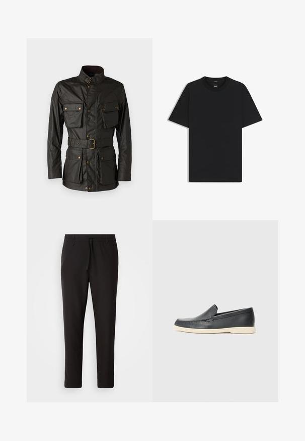 Dunkelgrüne gewachste Baumwolljacke mit hohem Kragen, vier Fronttaschen, tailliertem Bund und Beschlägen in Goldoptik.; Schwarz T-Shirt mit kurzen Ärmeln aus einem glatten Baumwollmix, mit Rundhalsausschnitt und einem minimalistischen Design ohne Muster oder Akzente.; Schwarze Jogginghose aus glattem Stoff. Mit einem elastischen Bund und Kordelzug, schmal zulaufenden Beinen und ohne sichtbare Taschen. Einfaches Design.; Schwarze Leder-Slipper mit strukturiertem Finish und einer kontrastierenden beige Gummisohle. Mit einem dezenten Akzent an der Vorderseite.