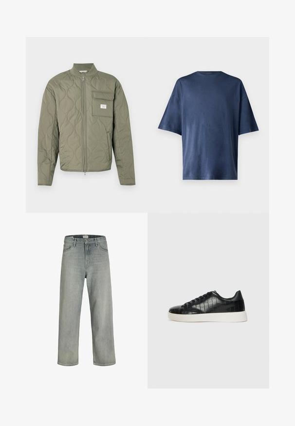 Pihe-puha olívazöld cipzáras kabát hullámvarrással, magas gallérral és egy bal oldali mellkasi zsebfedővel, fehér címkével.; Tengerészkék, rövid ujjú póló, puha anyagból készült, klasszikus kerek nyakkal és laza szabással, látható minták vagy díszítések nélkül.; Világosszürke, laza szabású farmernadrág. Klasszikus öt zsebes dizájn, övhurkok és egyenes szárú fazon jellemzi.; Fekete sportcipő, amely texturált krokodilbőr felsőrésszel, kerek orral és sima felületű, kontrasztos fehér gumitalppal rendelkezik.