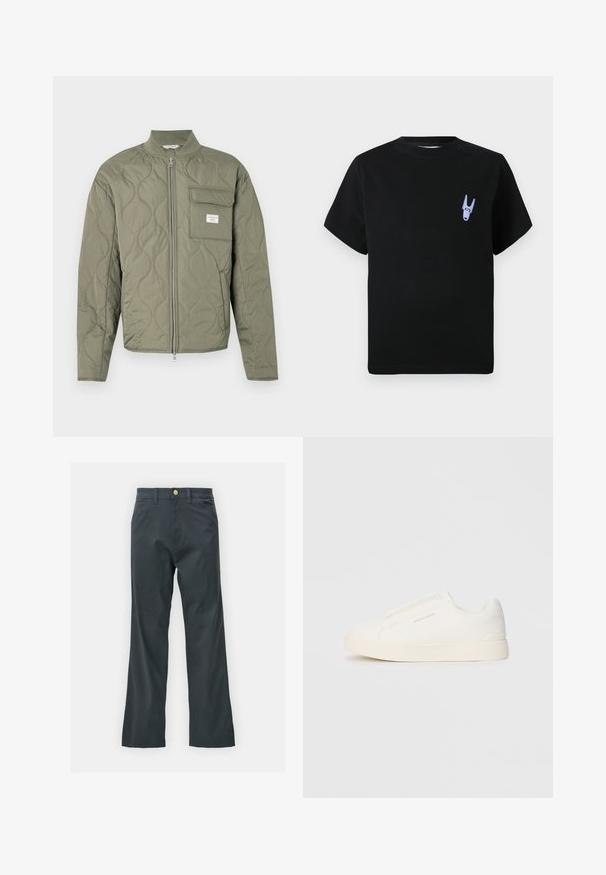 Maslinasto zelena jakna na patentni zatvarač s valovitim šavovima, visokim ovratnikom i džepom s poklopcem na lijevoj strani prsa s bijelom etiketom.; Crna pamučna majica s kratkim rukavima, s malim ljubičastim grafičkim detaljem na lijevoj strani grudi. Jednostavan, kutni dizajn.; Crne hlače s ravnim krojem, napravljene od tkanine s pamukom. Imaju metalnu dugmad za zatvaranje i bočne džepove. Nema vidljivih uzoraka.; Bijele slip-on tenisice s teksturiranom površinom, debelim đonom i minimalističkim dizajnom. Sadrže logo branda sa strane.
