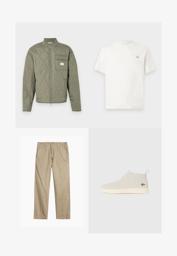 Jachetă verde măsliniu matlasată, cu fermoar, cusături în valuri, guler înalt și buzunar cu clapetă pe partea stângă a pieptului, cu etichetă albă.; Tricou alb din bumbac, cu mâneci scurte, având un logo brodat subtil și un design minimal. Textură moale, gât rotund.; Chino bej cu picior drept, cu bucle pentru curea, închidere cu nasture și fermoar în față, și buzunare laterale înclinate.; Bojë gri deschis, ghetuțe din suede până la gleznă, cu vârful rotund, talpă din cauciuc alb și detalii subtile cu logo pe lateral. Dispune de închidere cu șiret.