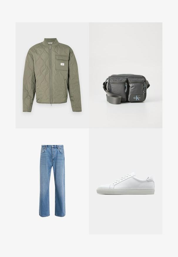 Prošívaná olivově zelená bunda na zip s vlnitým prošíváním, vysokým límcem a klopovým kapsou na levé straně hrudi s bílou etiketu.; Halenka s dlouhým rukávem a stojáčkem z jemné krémové bavlny. Hladký povrch, volný střih, minimalistický design, bez viditelných vzorů nebo akcentů.; Světle modré džínové kalhoty s rovnými nohavicemi, pěti kapsami, zapínáním na knoflík, minimálním vyblednutím a kontrastním prošitím.; Bílé tenisky s hladkým koženým svrškem a nízkým profilem. Mají zaoblenou špičku, šest nýtů a texturovanou gumovou podrážku.; Šedá nylonová crossbody taška s dvěma zipovými předními kapsami, nastavitelným popruhem a logem. Hladká textura s moderním designem.