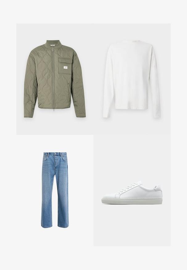 Oliven grønn vattert jakke med glidelås, bølgemønster i sømmene, høy krage og en klafflomme på venstre bryst med en hvit etikett.; Langermet hvit bomullsskjorte med rund hals, sidespalter nederst og en jevn tekstur, vist fra baksiden.; Lys blå denimjeans med rett ben-design, fem lommer, knappeåpning, minimal falming og kontrasterende sømdetaljer.; Hvit sneakers med en glatt skinnoverdel og lav profil. Har en rund tå, seks snøring hull, og en teksturert gummisåle.
