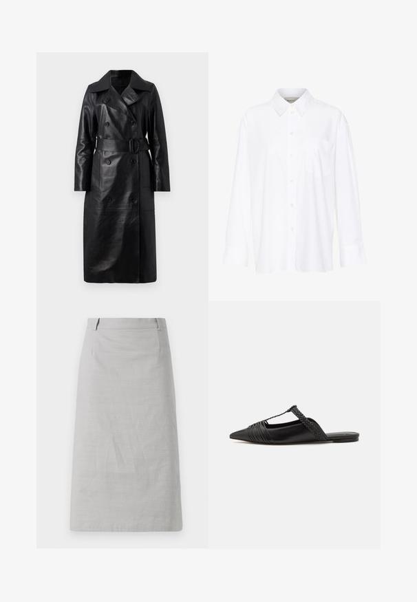 Juodas odinis trench paltas su dvigubo užsegimo priekine dalimi, plačiu apykakle, dirželiu juosmenyje ir ilgomis rankovėmis. Skaidri tekstūra su didelėmis sagomis.; Balta ilgomis rankovėmis marškiniai su apykakle, pagaminti iš medvilnės. Su mygtukų užsegimu priekyje ir viena krūtinės kišenė. Lygus paviršius, laisvas siluetas.; Pilka pieštuko sijonas su lygiu paviršiumi, priderinta forma ir plokščiu juosmeniu, turintis šoninius siūlus ir be matomų raštų ar akcentų.; Juodos odinės slingback bateliai su smailiu pirštu, turintys audinį akcentą ir raukšlėtą viršutinį dizainą. Lygus padas su minimaliais aksesuarais.