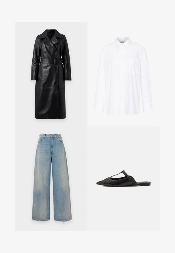 Czarny skórzany płaszcz trench z podwójnym zapięciem, szerokim kołnierzem, paskiem w talii i długimi rękawami. Gładka tekstura z dużymi guzikami.; Biała, długosleeve'owa koszula z kołnierzykiem, wykonana z bawełny. Posiada zapięcie na guziki z przodu oraz jedną kieszeń na piersi. Gładka tekstura, luźny krój.; Jasnoniebieskie dżinsy typu wide-leg z postrzępionym dołem, pięcioma kieszeniami i zapięciem na guzik. Posiadają delikatne przetarcia z przodu.; Czarny skórzany but na odkrytej pięcie z pointed toe, ozdobiony plecionym akcentem i plisowanym wzorem górnej części. Płaska podeszwa z minimalnymi elementami.
