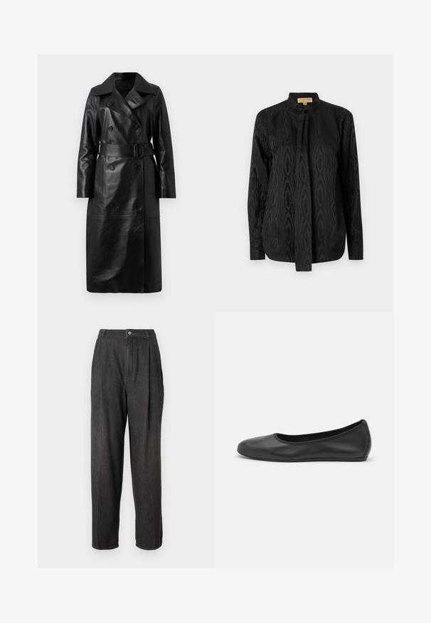 Černý kožený trenčkot s dvojitým zapínáním, širokým límcem, páskem v pase a dlouhými rukávy. Hladký povrch s velkými knoflíky.; Černá blůza z hladkého materiálu, s jemným tónovým vzorem, dlouhými rukávy, stojáčkovým límcem a vázáním u krku.; Tmavě šedé džíny s vysokým pasem, záhyby na přední straně, rovné nohavice a jedním knoflíkem na zapínání v pase.; Černé kožené baletní byty s kulatou špičkou, hladkou texturou, minimálními švy a flexibilním designem podrážky.