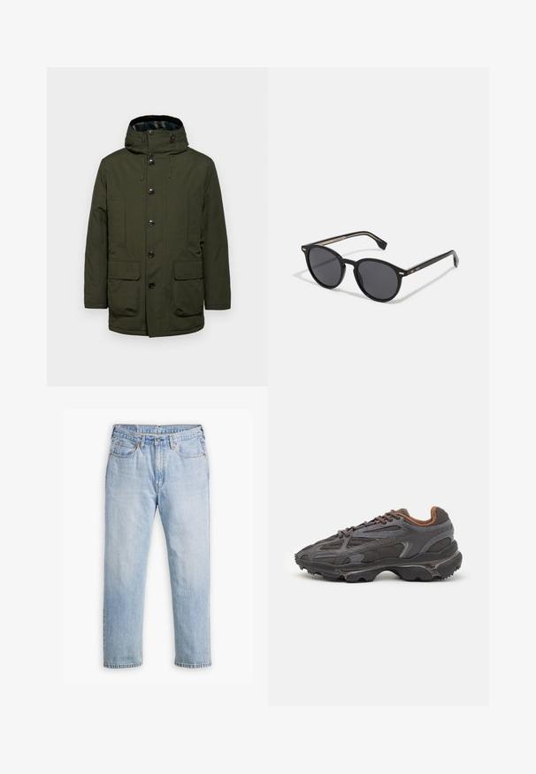 Barbour WINTER BEAUFORT WATERPROOF - Winter jacket - sage; Black lightweight sweater with a half-zip collar, ribbed cuffs and hem, featuring a small green logo on the chest.; Light blue denim jeans with a straight leg design, five-pocket style, and contrasting stitching. Button and zipper closure at the waist.; Lacoste sneakers in dark gray with mesh and synthetic material, featuring a textured sole and brown accents on the collar and branding.; BOSS Sunglasses - black