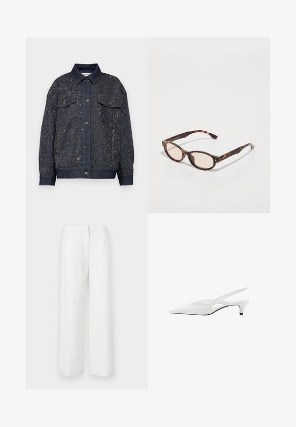 Denim jacket in dark blue, adorned with metallic embellishments. Features two chest pockets and button closure, with a relaxed fit.; White sleeveless top with thin straps, made from lightweight fabric. Featuring a loose design and gathered texture at the hem.; White wide-leg trousers with a smooth texture, featuring a flat front and pressed creases. Made of lightweight fabric, no visible patterns.; White slingback heel with pointed toe, featuring a smooth upper, subtle cutouts, and a low block heel. Black sole accentuates design.; Tortoiseshell sunglasses with a rounded shape and light lenses. Features sturdy arms with small gold accents, made from plastic material.