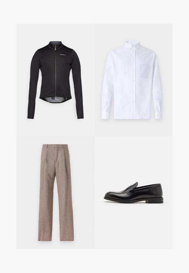 Sort langærmet cykeltrøje lavet af letvægtsmateriale, med en frontlynlås og et diskret logo på brystet. Glat tekstur, tætsiddende design.; Hvid langærmet skjorte med knapper lavet af bomuld, med en brystlomme med tonal broderi, krave og knapmanchetter.; Brune, højtaljede bukser lavet af tekstureret stof. Har brede ben og to frontfoldninger for struktur. Pæn finish uden synlig hardware.; Sorte læderloafers med en glat overflade, rund tå og en dekorativ strop over vampen. Lav hæl med stabeldesign, minimalistisk stil.