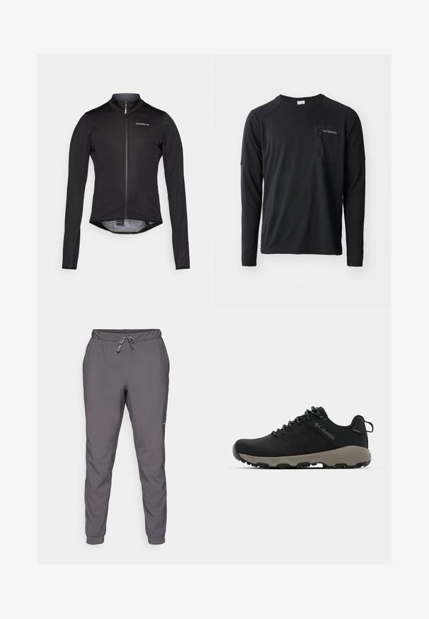 Melnā velosipēdu džersija ar garām piedurknēm, izgatavota no viegla materiāla, ar priekšējo rāvējslēdzēju un trūksmīgu logo uz krūtīm. Gluda struktūra, pieguļošs dizains.; Columbia COLUMBIA TECH™ LONG SLEEVE CREW - Tops ar garām piedurknēm - black; Pelēki, viegli, elastīgas jostas bikses ar regulējamu auklu; sašaurinātas kājas; gluda tekstūra; ar logo detaļu sānos.; Melnas pārgājienu kurpes ar gludu virsu, perforētu dizainu, pelēku zoli un nostiprinātu papēdi. Iekļauj auklas un cilpu vieglai uzvilkšanai.