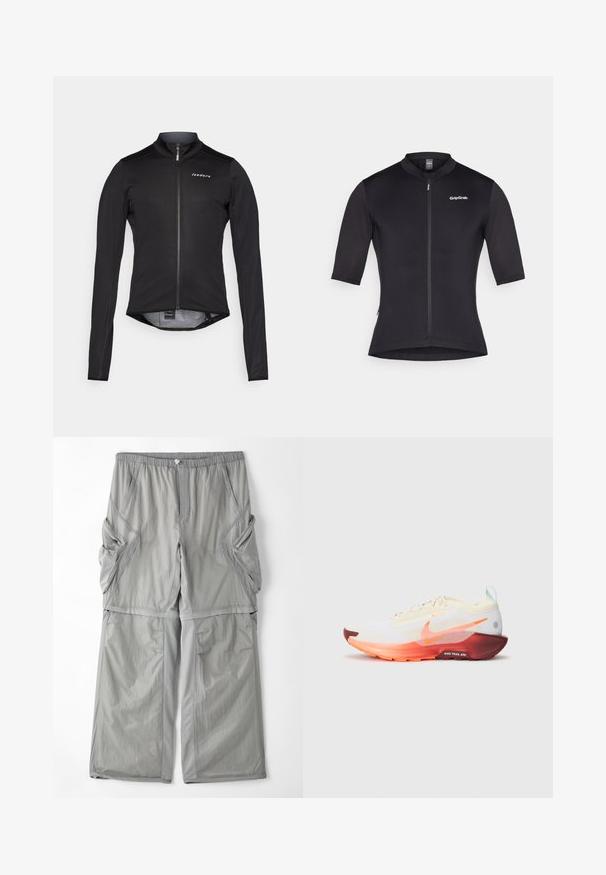 Maglia da ciclismo nera a maniche lunghe realizzata in materiale leggero, con zip frontale e un logo discreto sul petto. Texture liscia, design aderente.; Maglietta da ciclismo a maniche corte in tessuto nero, con una cerniera frontale, colletto alto e un logo sulla parte superiore sinistra.; Pantaloni in tessuto grigio chiaro, traspirante, con vita elastica, tasche laterali e piping grigio a contrasto lungo le cuciture. Design a vestibilità ampia.; Nike Performance REACTX PEGASUS 5 GTX - Scarpe da trail running - sail/hyper crimson/glacier blue/dark team red/silt red