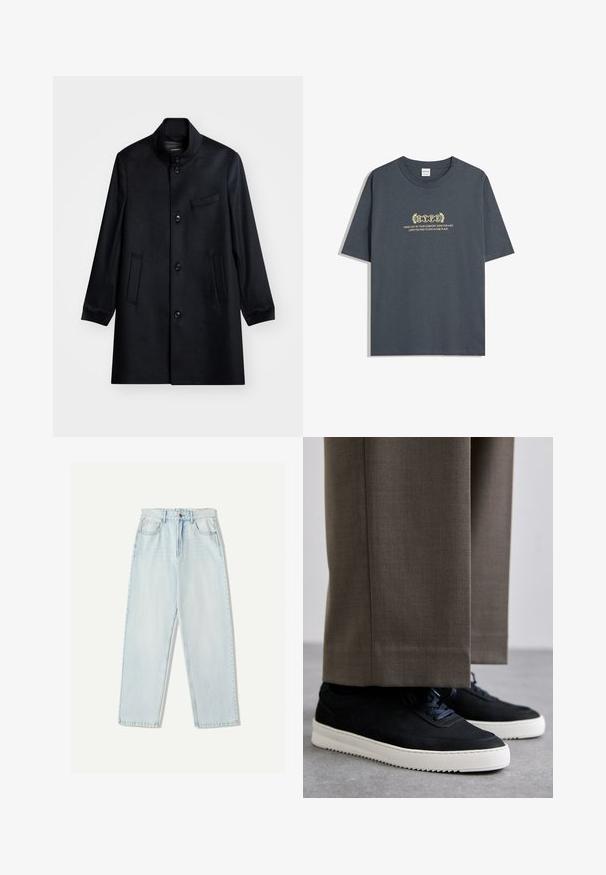 Černý vlněný kabát s vysokým límcem, zapínání na knoflíky vpředu a dvěma bočními kapsami. Obsahuje také náprsní kapsu a hladkou texturu.; Tmavě šedé bavlněné tričko s krátkými rukávy, kulatým výstřihem a žlutým textem v dekorativním písmu se vzorem vavřínového listu.; Světle modré džíny s volným střihem, rovnými nohavicemi, pěti kapsami a jemným vyblednutím látky.; Černé semišové tenisky s bílými gumovými podrážkami, s kulatou špičkou a tkaničkami, obuté s šedými úzkými kalhotami.